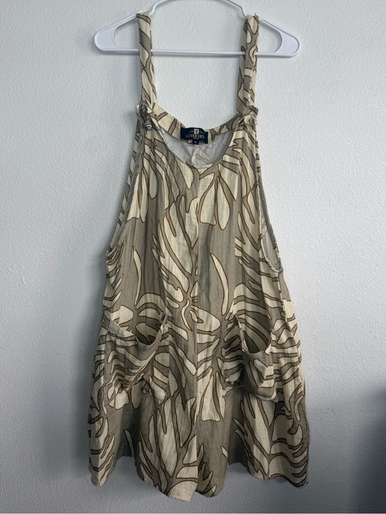Lexbreezy Hawaii Pants - Lightweight Beige Floral Linen Romper with Pocket Detail